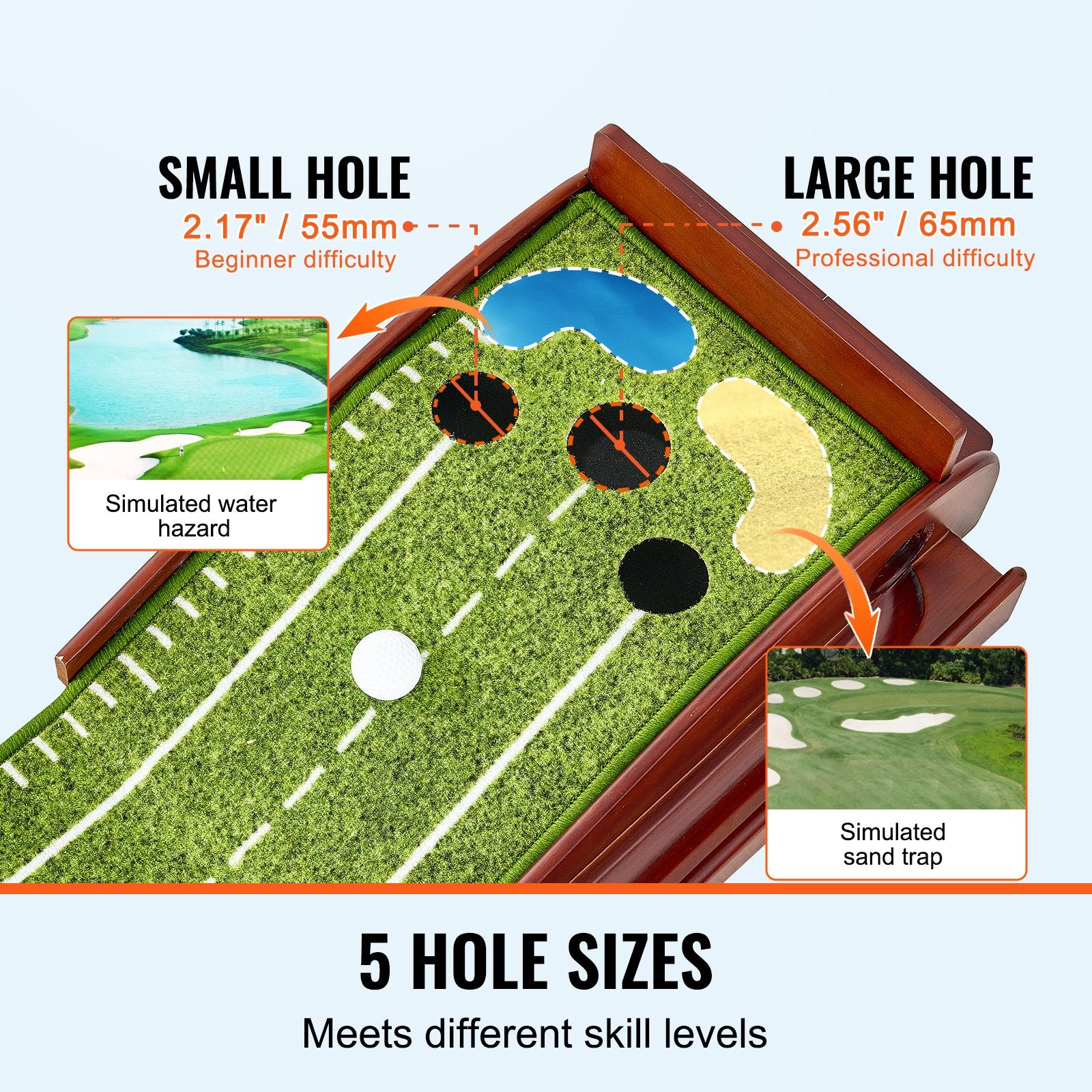 Golf Putting Mat 5-Hole Indoor Green with Auto Return Guide Balls Wood Base Set