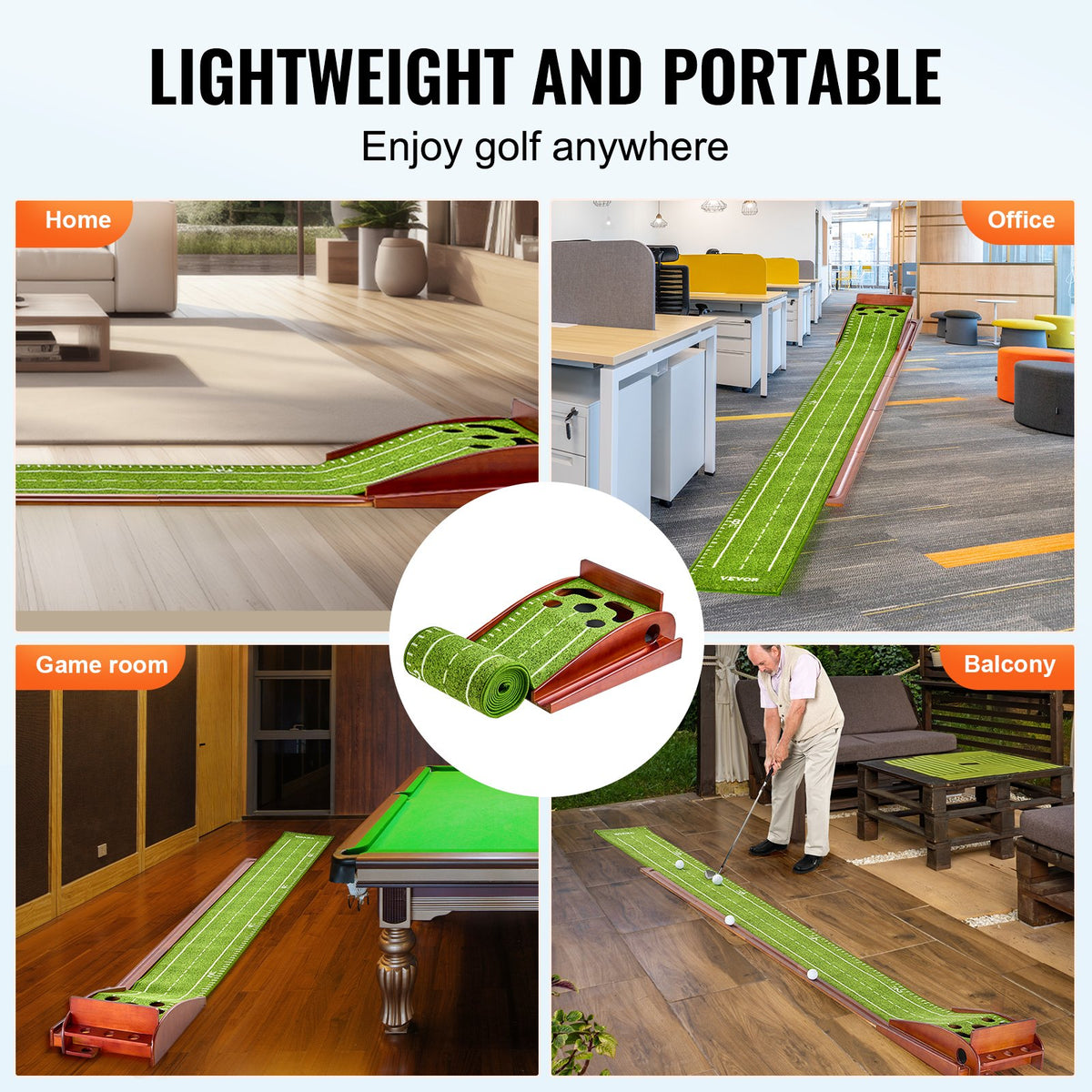 Golf Putting Mat 5-Hole Indoor Green with Auto Return Guide Balls Wood Base Set