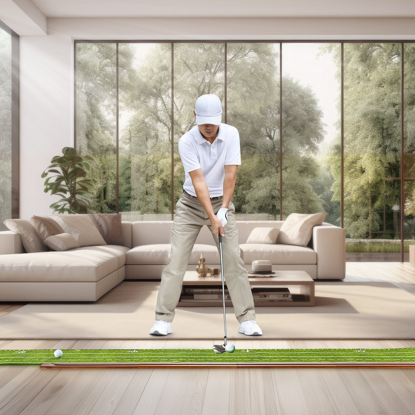 Golf Putting Mat 5-Hole Indoor Green with Auto Return Guide Balls Wood Base Set