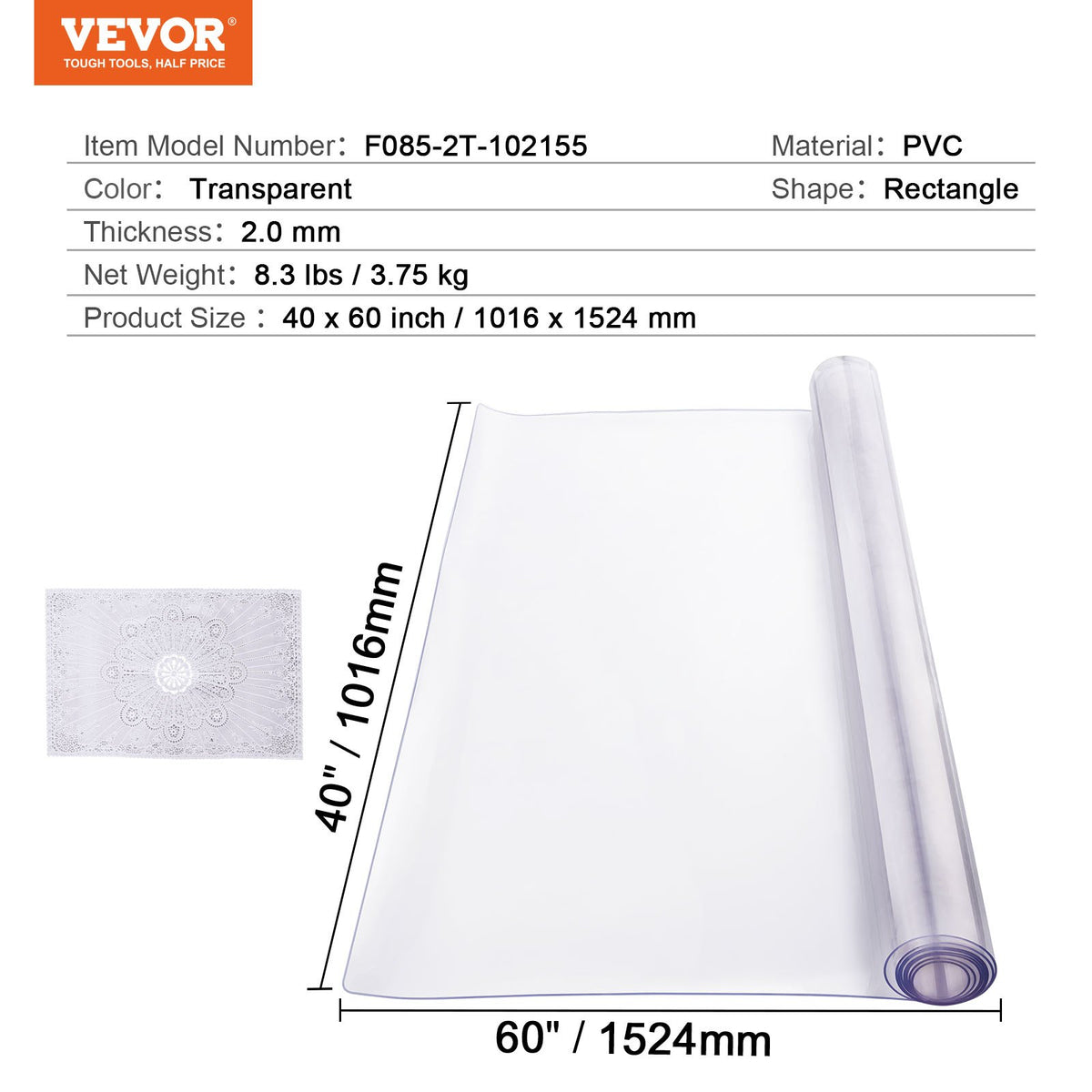 Plastic Table Cover 40x60in Clear PVC Desk Mat Waterproof Easy Clean Tablecloth