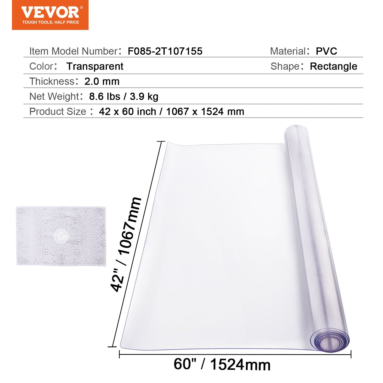 Plastic Table Cover 42x60in Clear PVC Desk Mat Waterproof Easy Clean Tablecloth