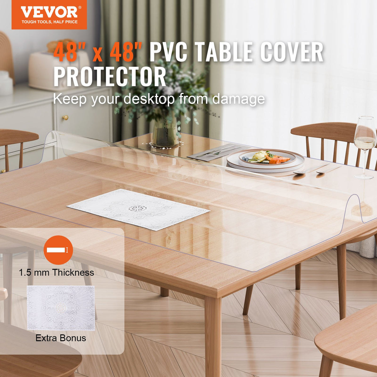 Plastic Table Cover 48x48in Clear PVC Desk Mat Waterproof Easy Clean Tablecloth