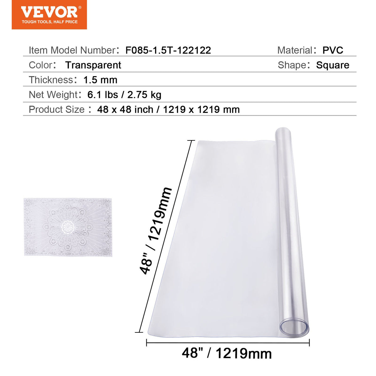 Plastic Table Cover 48x48in Clear PVC Desk Mat Waterproof Easy Clean Tablecloth
