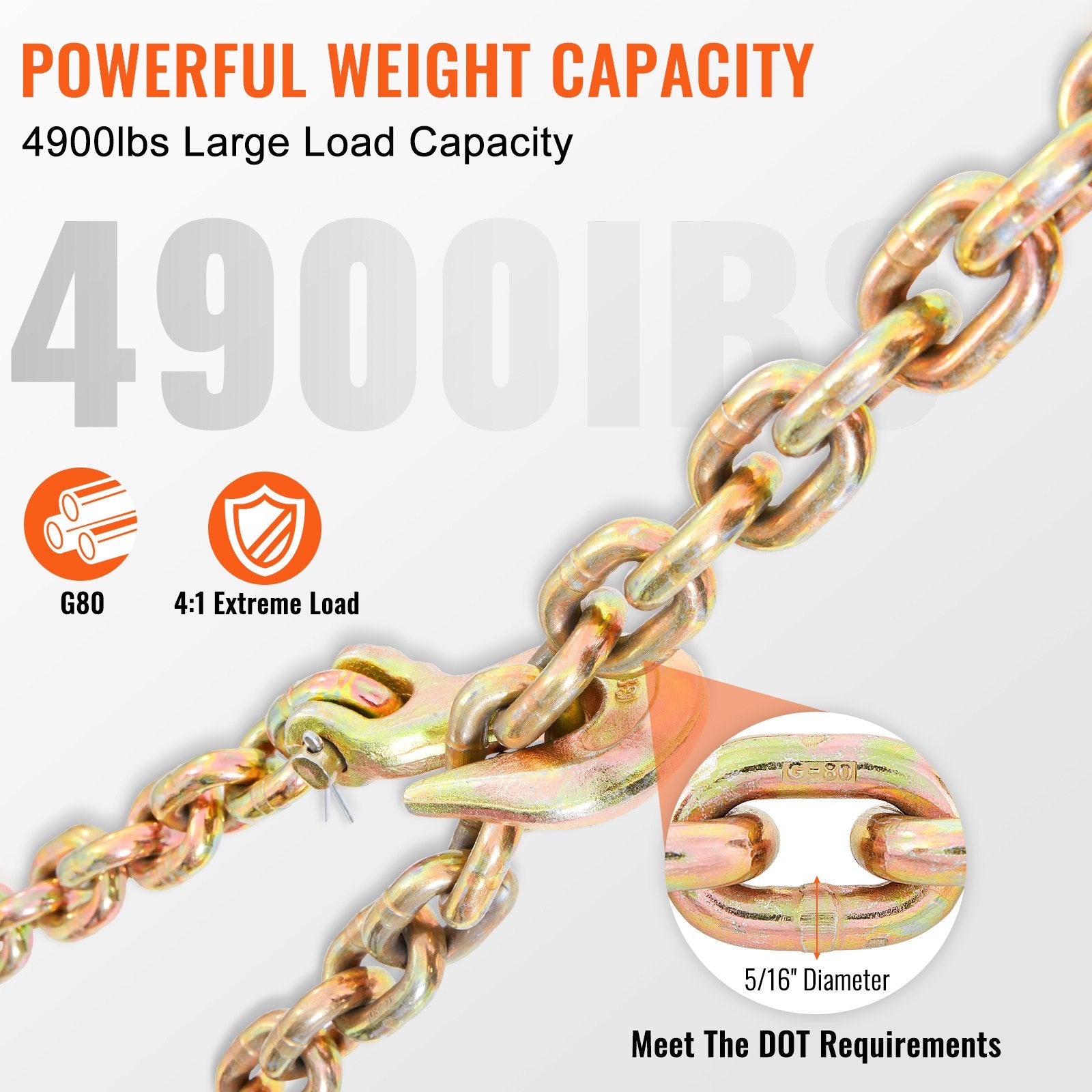G80 Transport Binder Chain 5/16'' x 20ft with Grab Hooks