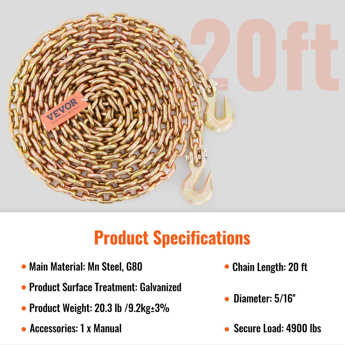 G80 Transport Binder Chain 5/16'' x 20ft with Grab Hooks
