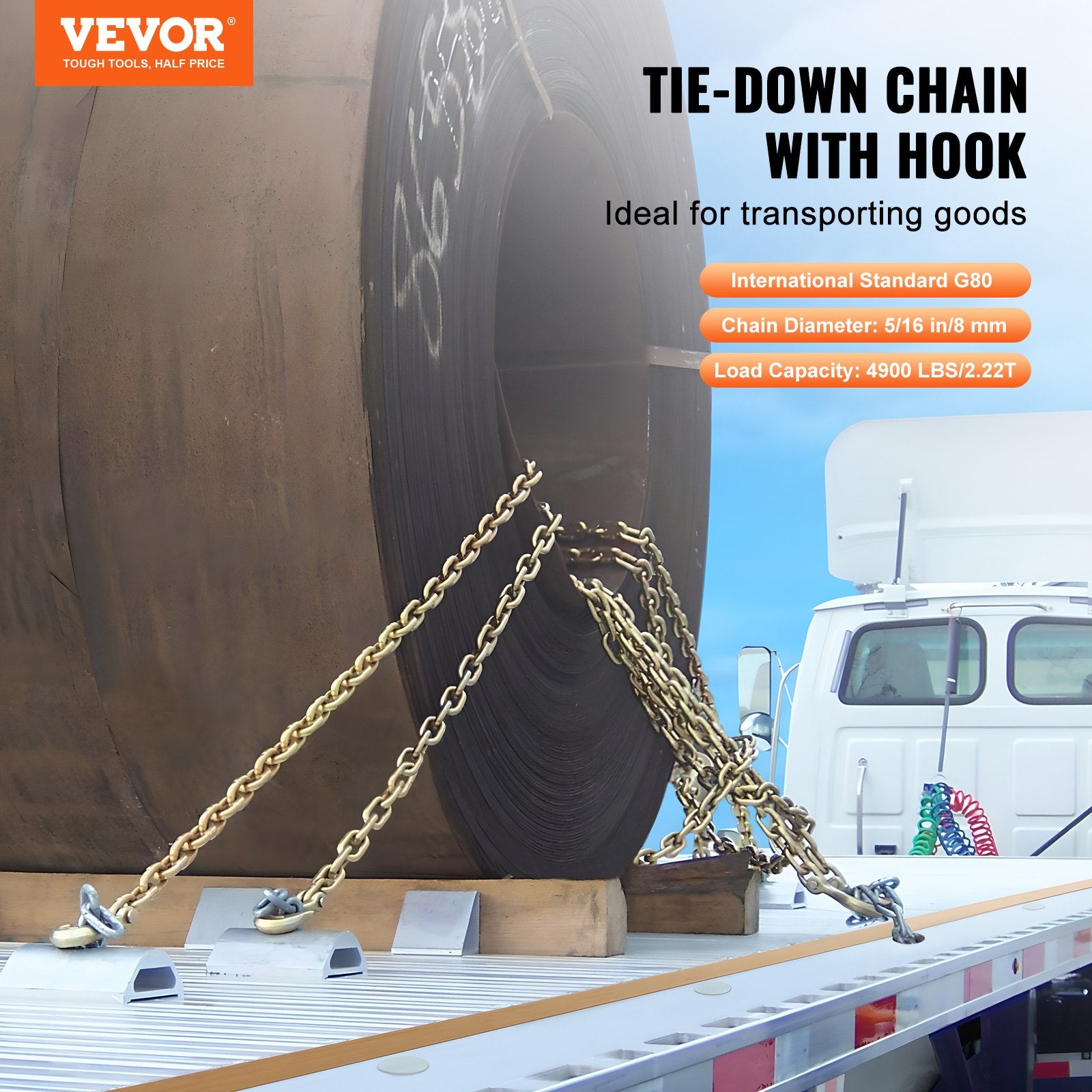 G80 Binder Chain 8mmx316cm 2Pack 2.22T Clevis Grab Hooks Heavy Duty Tow Chain