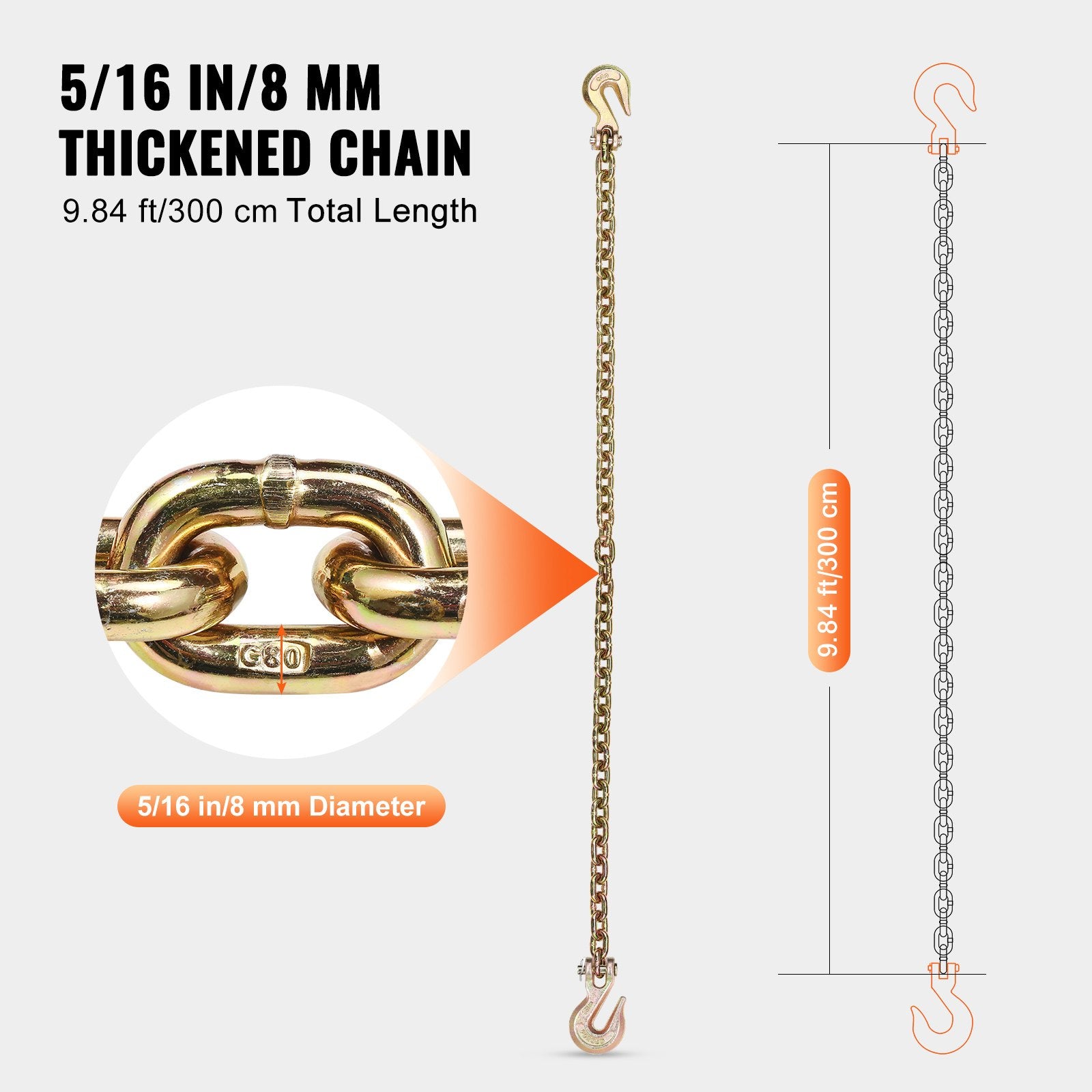 G80 Binder Chain 8mmx316cm 2Pack 2.22T Clevis Grab Hooks Heavy Duty Tow Chain