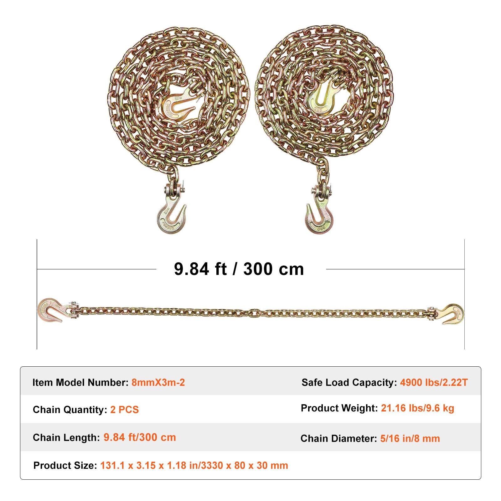 G80 Binder Chain 8mmx316cm 2Pack 2.22T Clevis Grab Hooks Heavy Duty Tow Chain