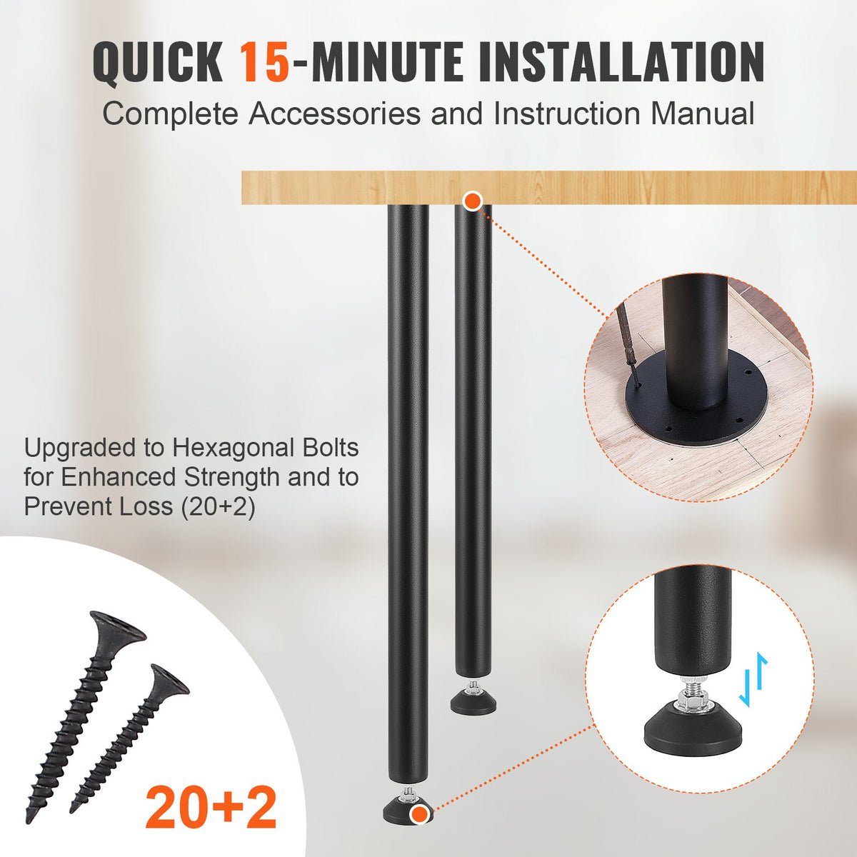 711.2mm Adjustable Steel Desk Legs Set of 4 Heavy Duty 544.3kg Capacity Black