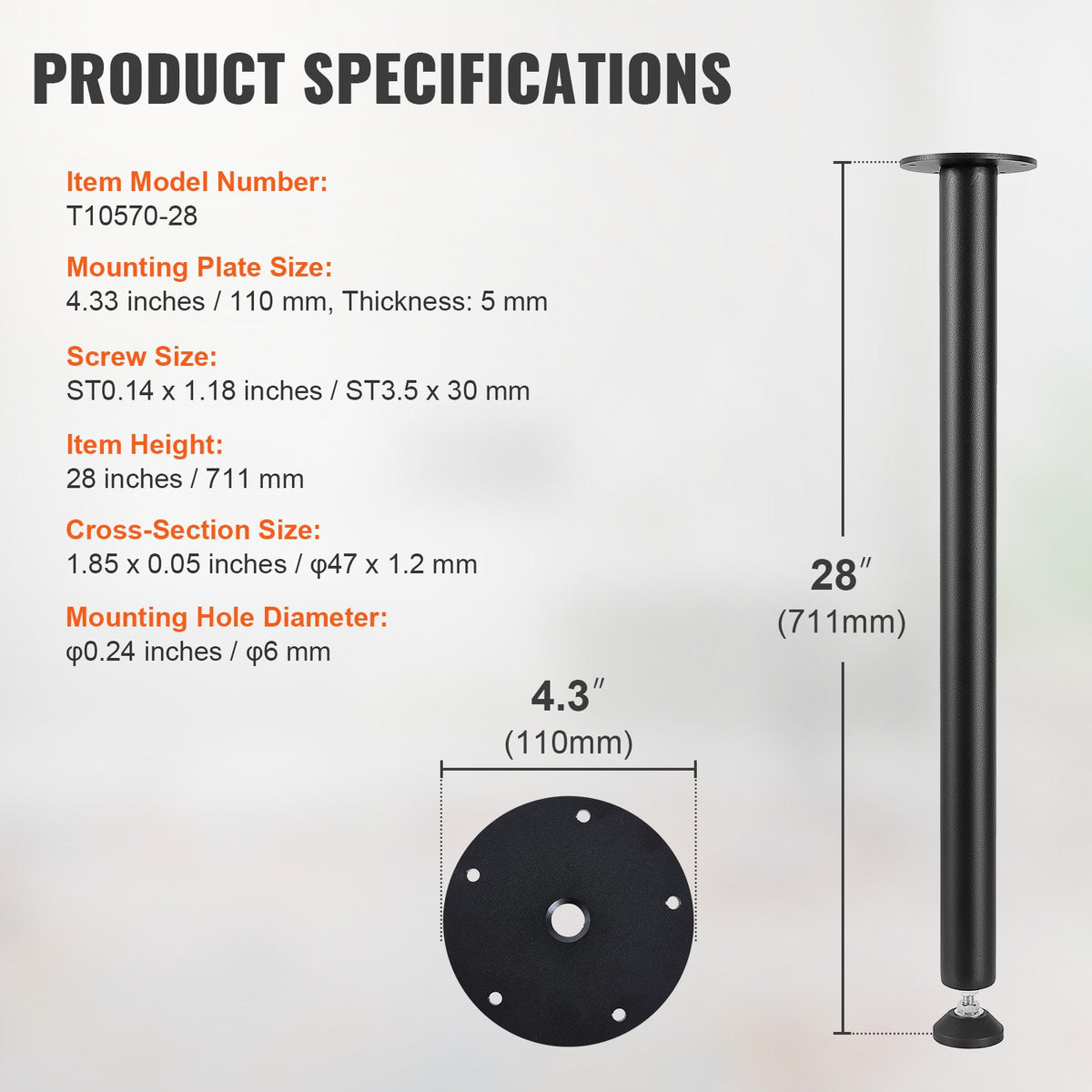 711.2mm Adjustable Steel Desk Legs Set of 4 Heavy Duty 544.3kg Capacity Black