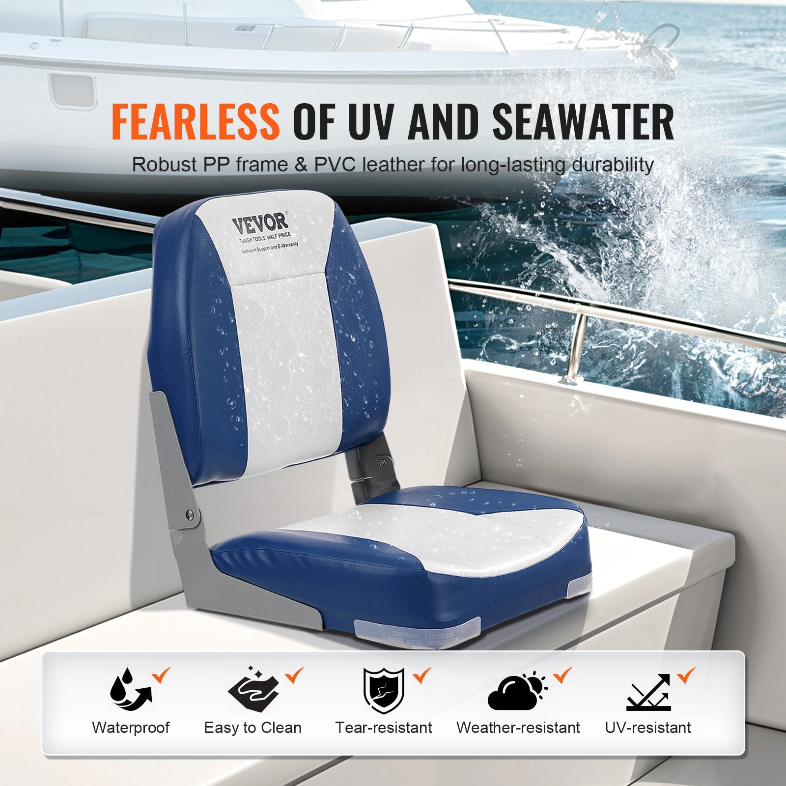 Boat Seat Low Back, Fold-Down Fishing Chair with Sponge Padding, 2-Pack