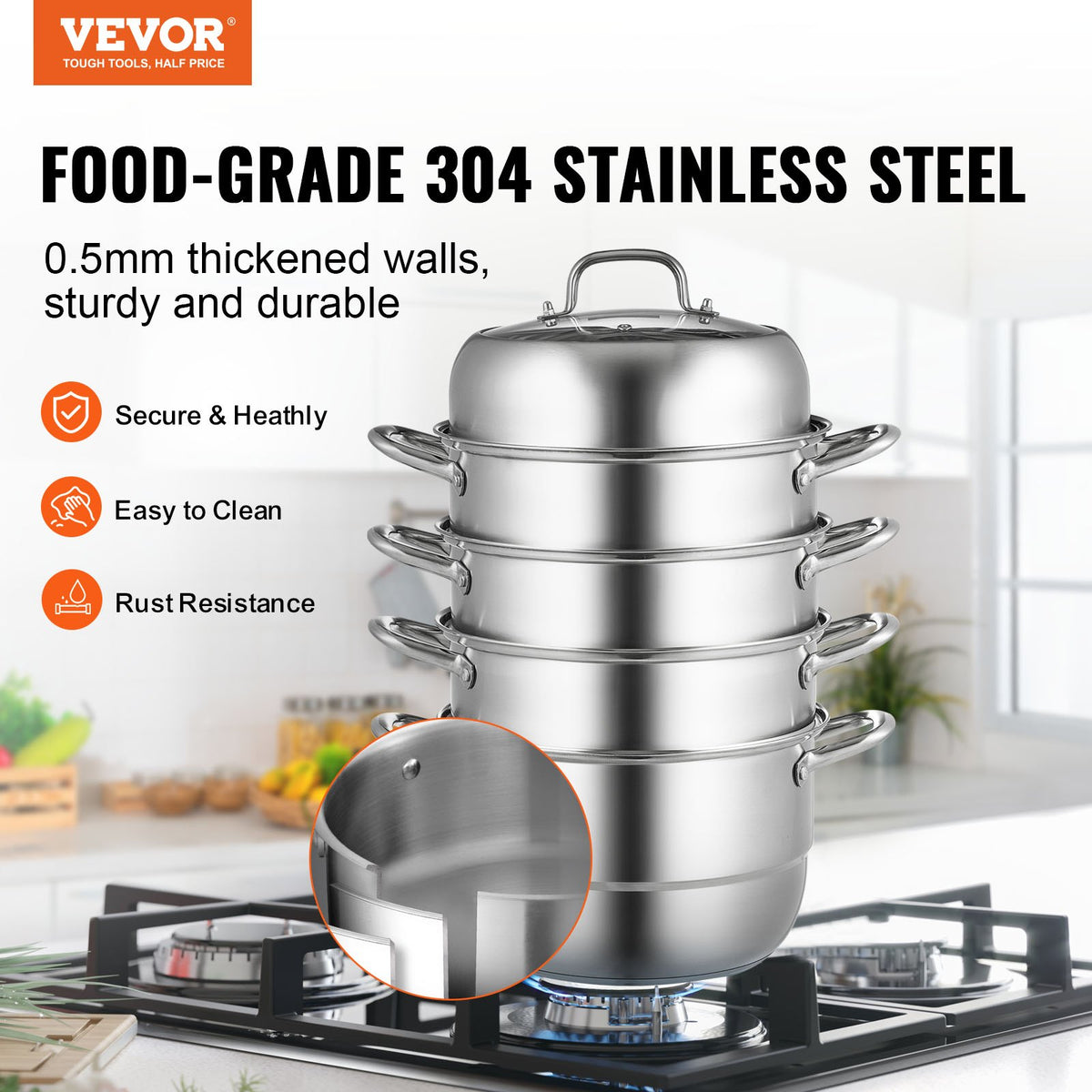 Steamer Pot 11.8"/30cm 5-Tier 10QT Stock Pot 3 Steamers 2 Trays Stainless