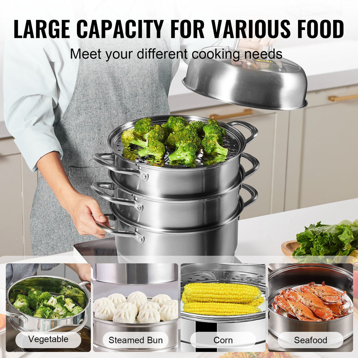 Steamer Pot 11.8"/30cm 5-Tier 10QT Stock Pot 3 Steamers 2 Trays Stainless
