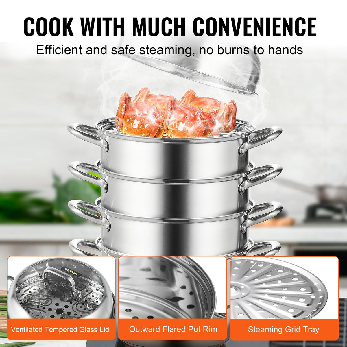 Steamer Pot 11.8"/30cm 5-Tier 10QT Stock Pot 3 Steamers 2 Trays Stainless