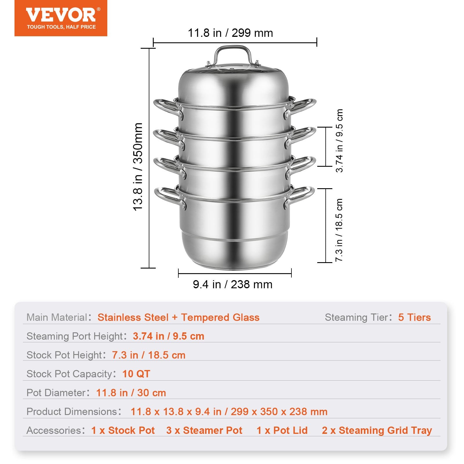 Steamer Pot 11.8"/30cm 5-Tier 10QT Stock Pot 3 Steamers 2 Trays Stainless