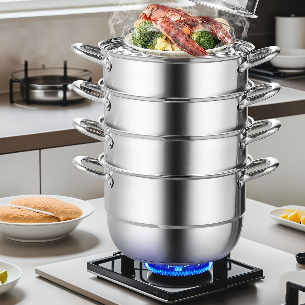 Steamer Pot 11.8"/30cm 5-Tier 10QT Stock Pot 3 Steamers 2 Trays Stainless
