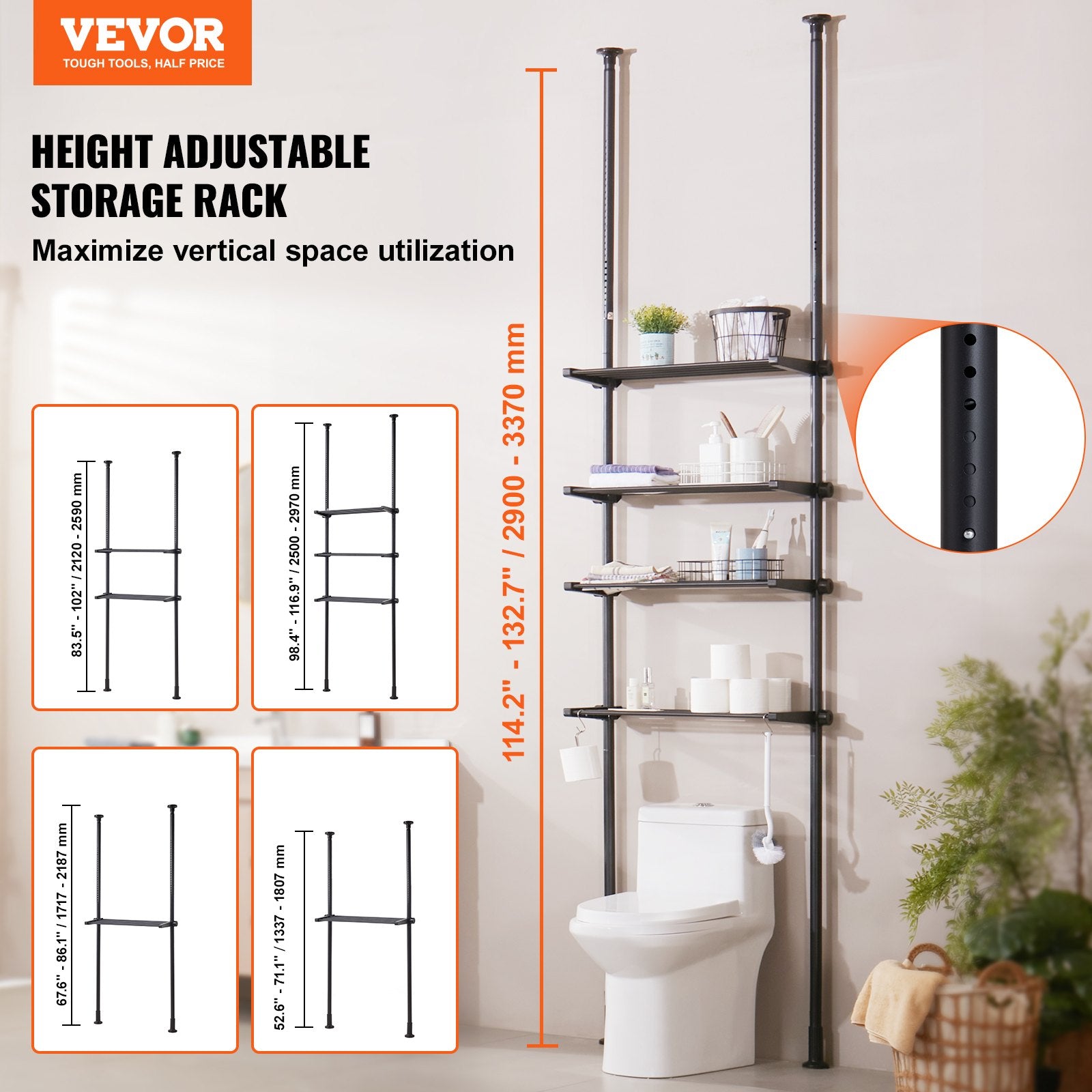Over the Toilet Storage 4-Tier Adjustable 53-132in Steel Bathroom Organizer