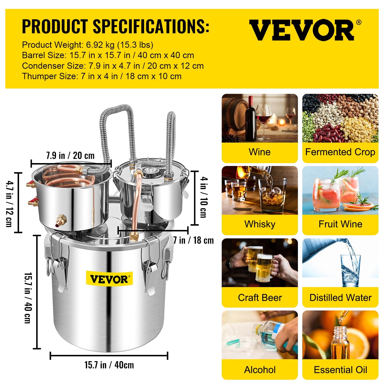 Moonshine Still 50L Stainless Steel Distiller Copper Tube Built-in Thermometer
