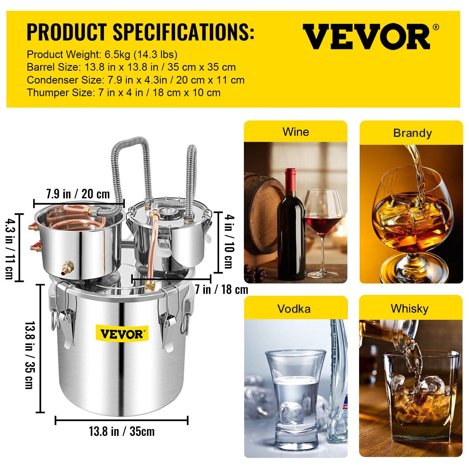 30L 8Gal Alcohol Distiller Copper Still Water Spirit Boiler for Home Brewing