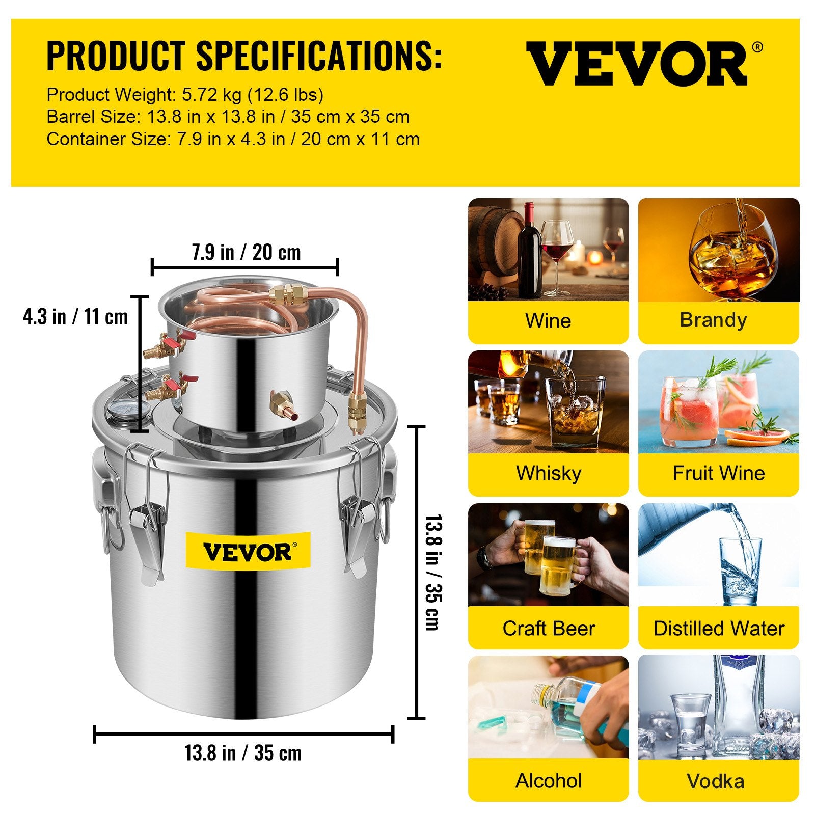 Moonshine Still 9.6Gal 38L Stainless Steel Distiller Copper Tube Thermometer