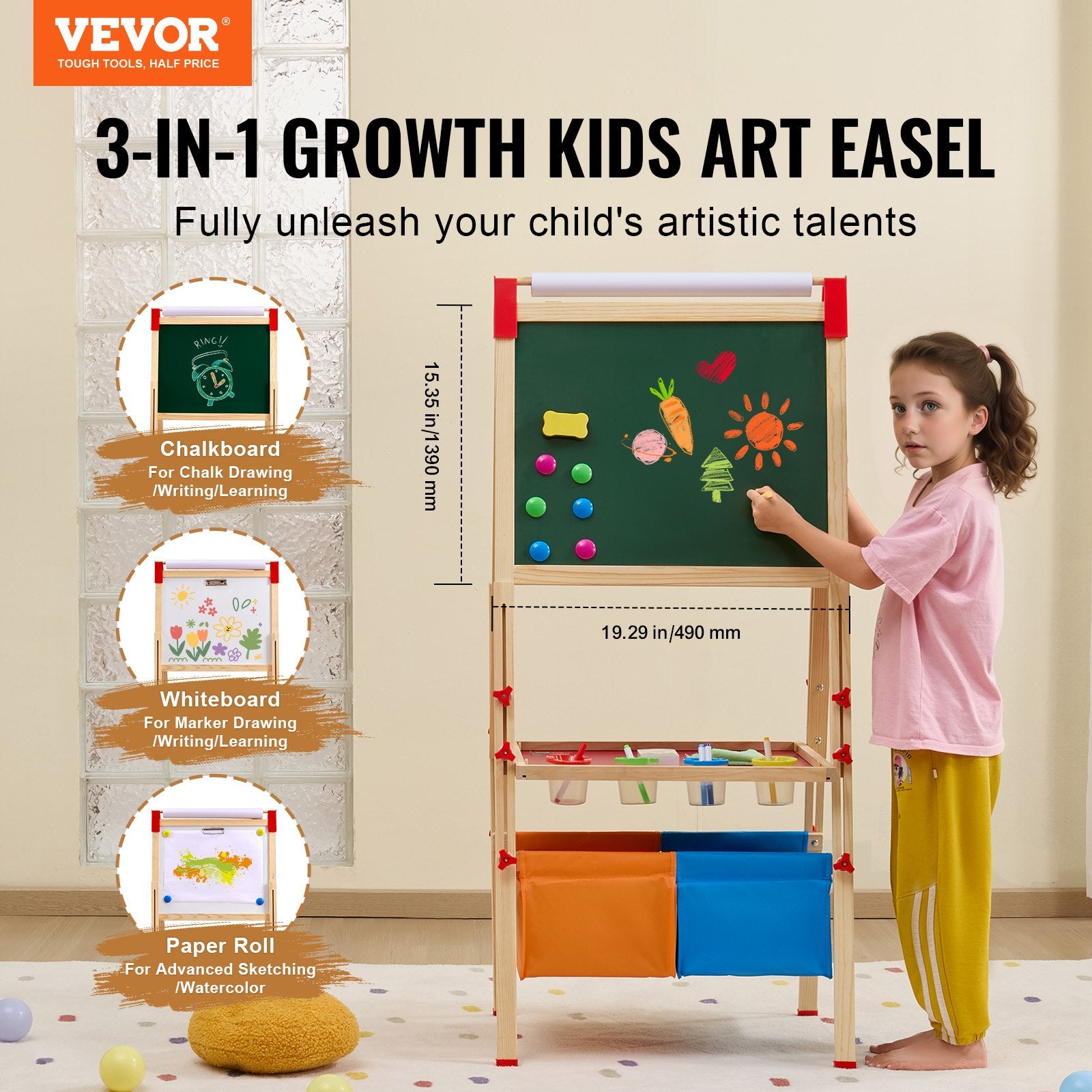 Art Easel for Kid 3in1 Wooden Double-Sided Adjustable Drawing Board with Storage
