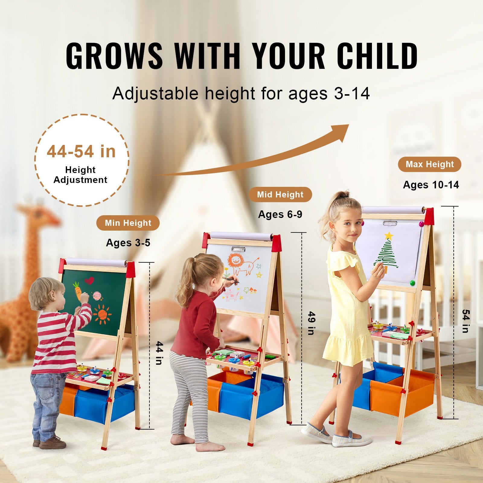 Art Easel for Kid 3in1 Wooden Double-Sided Adjustable Drawing Board with Storage