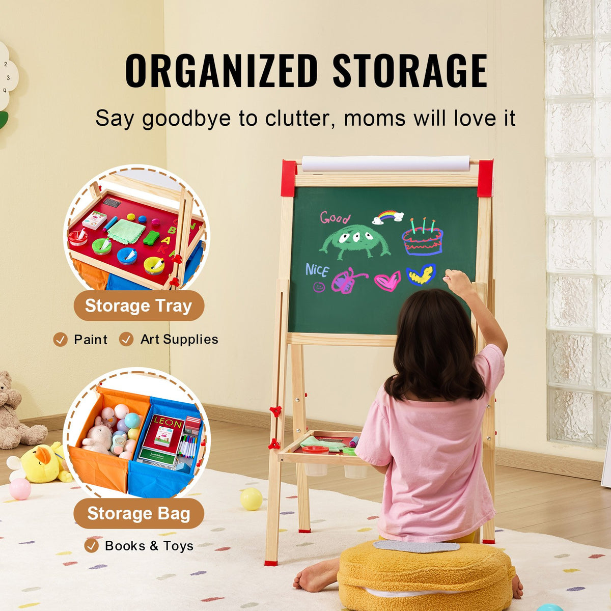 Art Easel for Kid 3in1 Wooden Double-Sided Adjustable Drawing Board with Storage