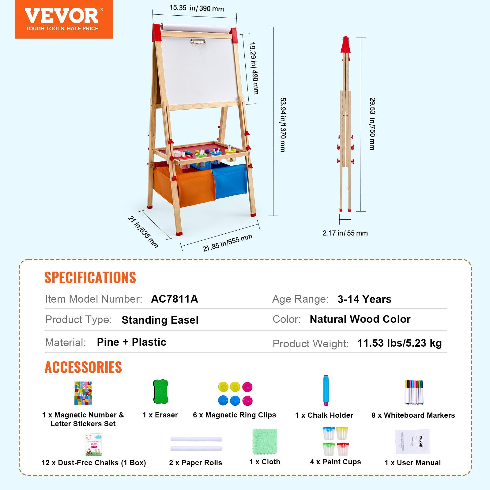 Art Easel for Kid 3in1 Wooden Double-Sided Adjustable Drawing Board with Storage