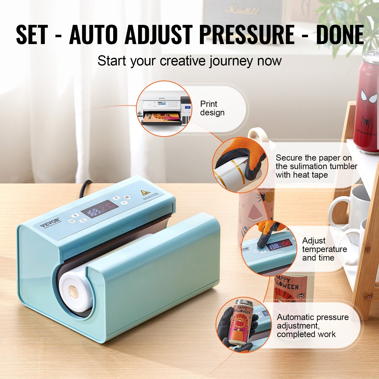Auto Tumbler Heat Press Machine 11-30oz Mug Press Blue Cups Mugs