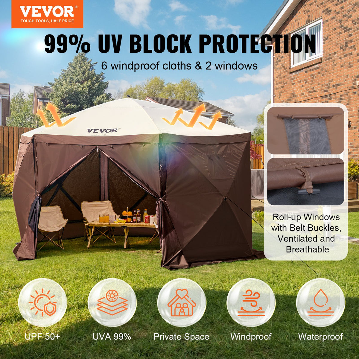 Pop Up Gazebo Tent 11.5x11.5FT 6-Sided Canopy Mesh Windows Brown