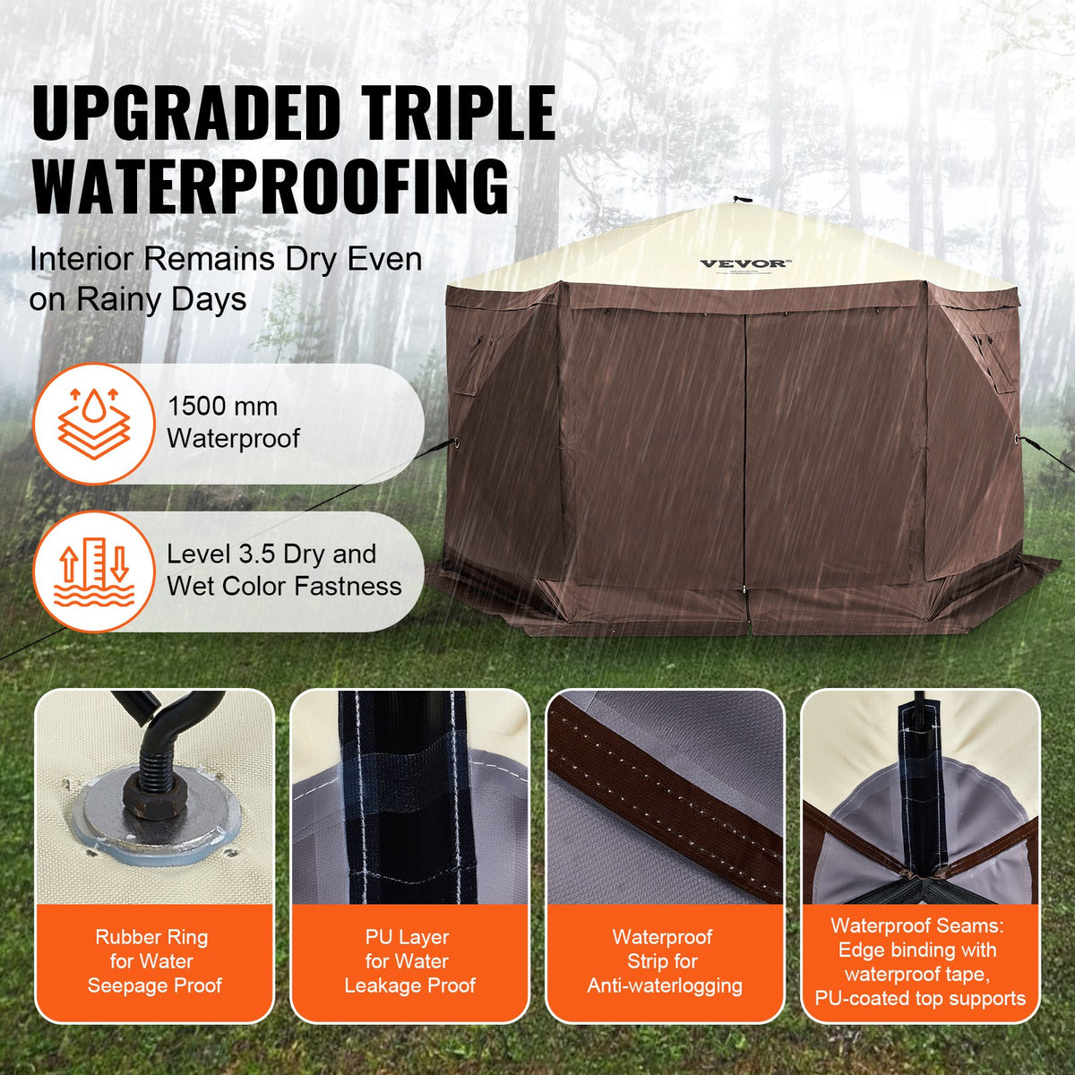 Pop Up Gazebo Tent 11.5x11.5FT 6-Sided Canopy Mesh Windows Brown