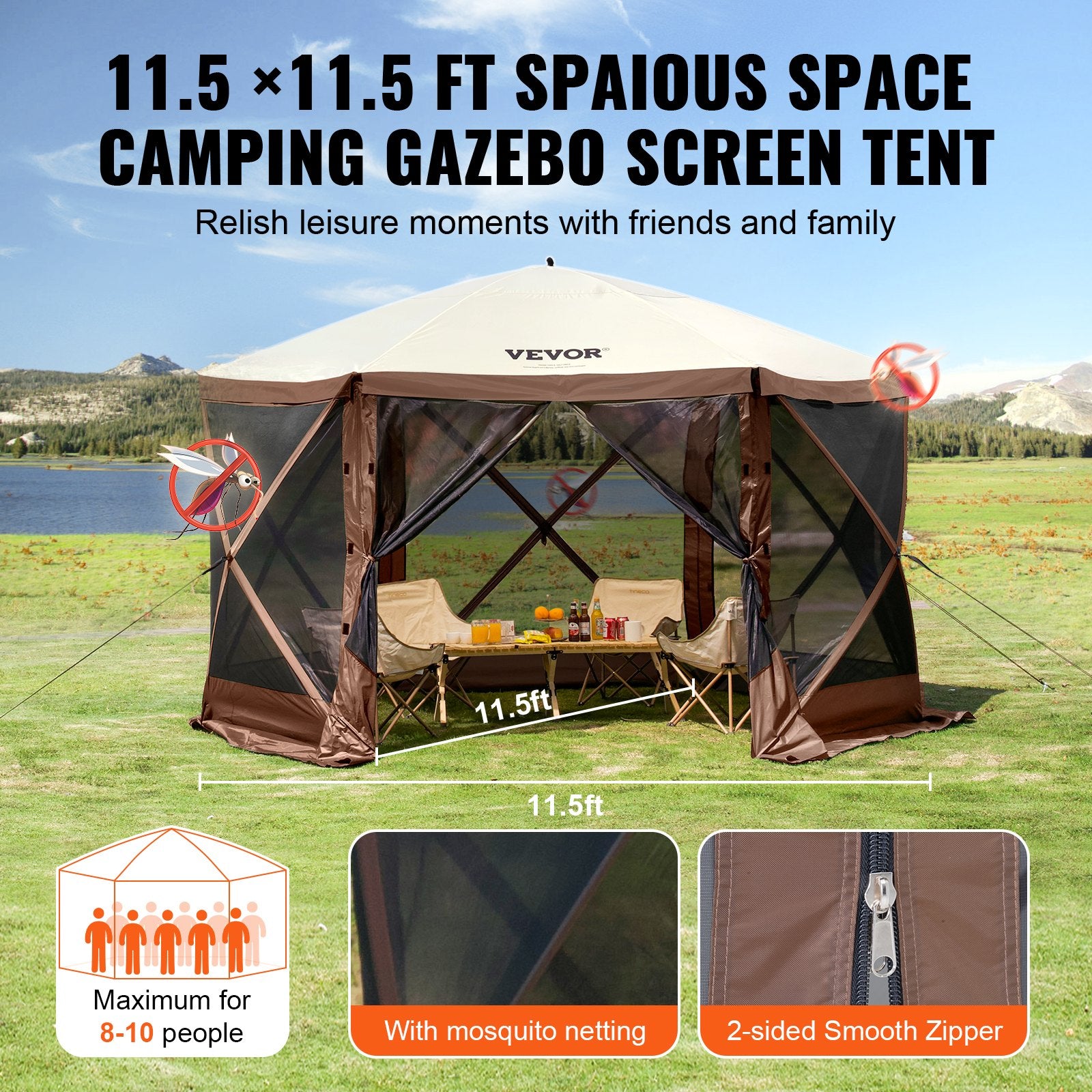 Pop Up Gazebo Tent 11.5x11.5FT 6-Sided Canopy Mesh Windows Brown