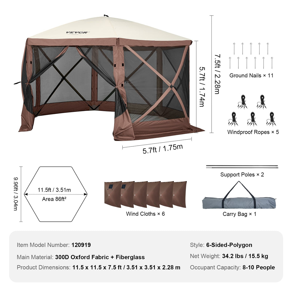 Pop Up Gazebo Tent 11.5x11.5FT 6-Sided Canopy Mesh Windows Brown