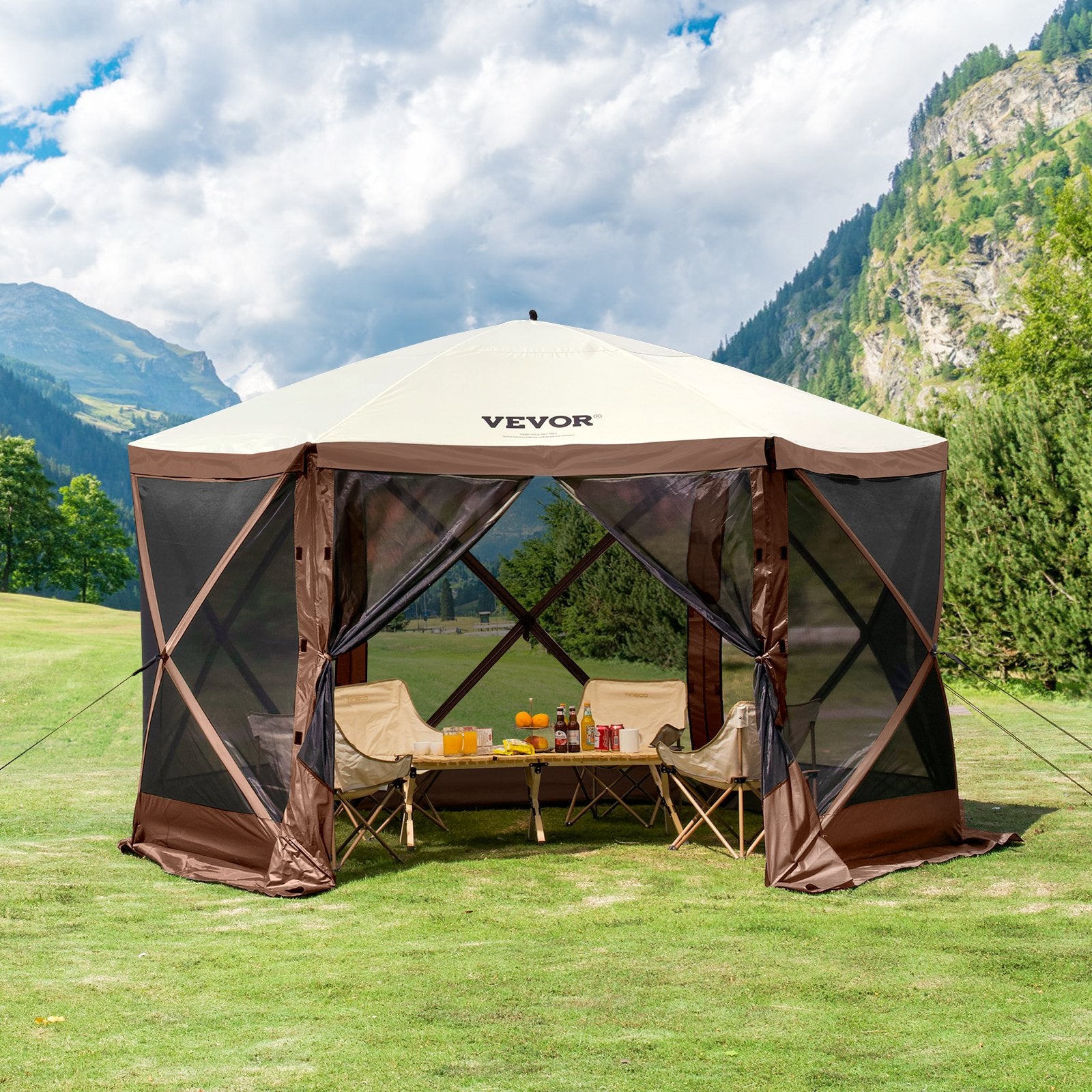 Pop Up Gazebo Tent 11.5x11.5FT 6-Sided Canopy Mesh Windows Brown