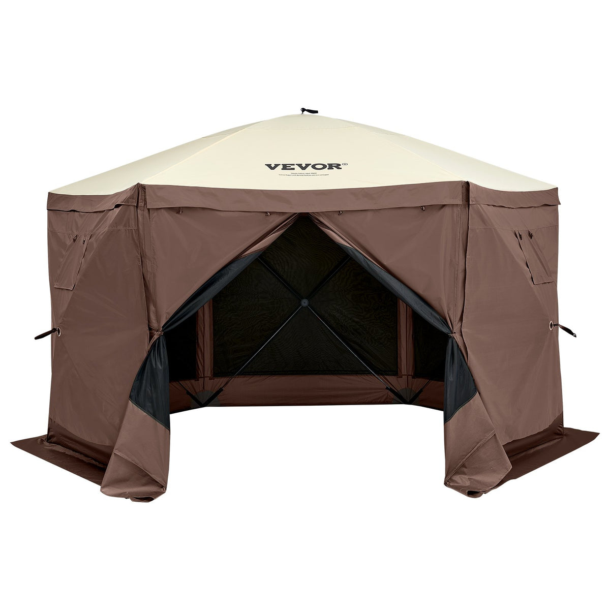 Pop Up Gazebo Tent 11.5x11.5FT 6-Sided Canopy Mesh Windows Brown