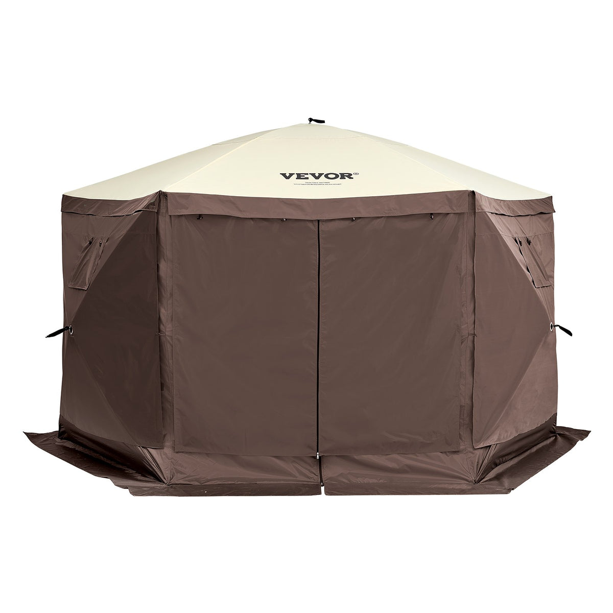 Pop Up Gazebo Tent 11.5x11.5FT 6-Sided Canopy Mesh Windows Brown
