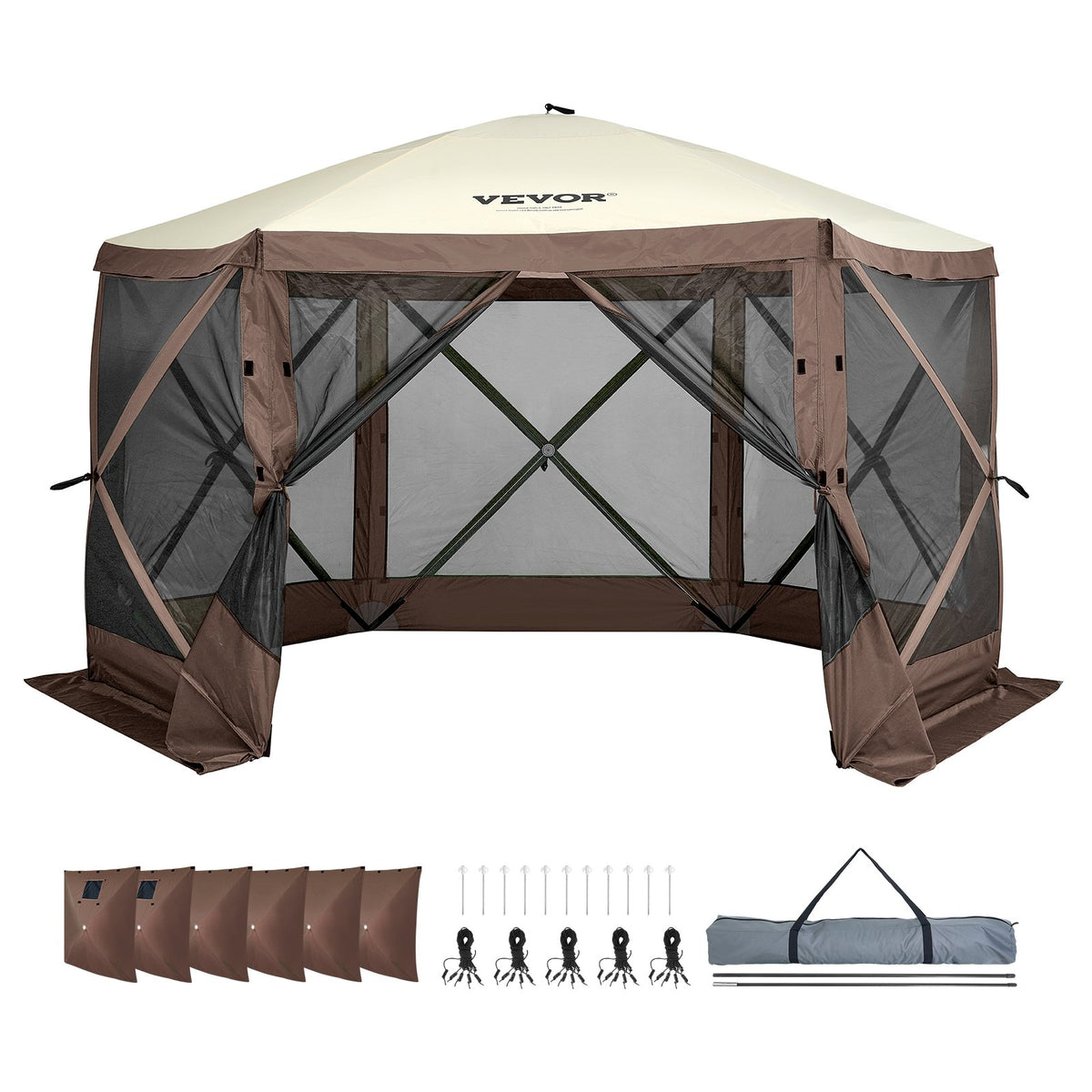 Pop Up Gazebo Tent 11.5x11.5FT 6-Sided Canopy Mesh Windows Brown