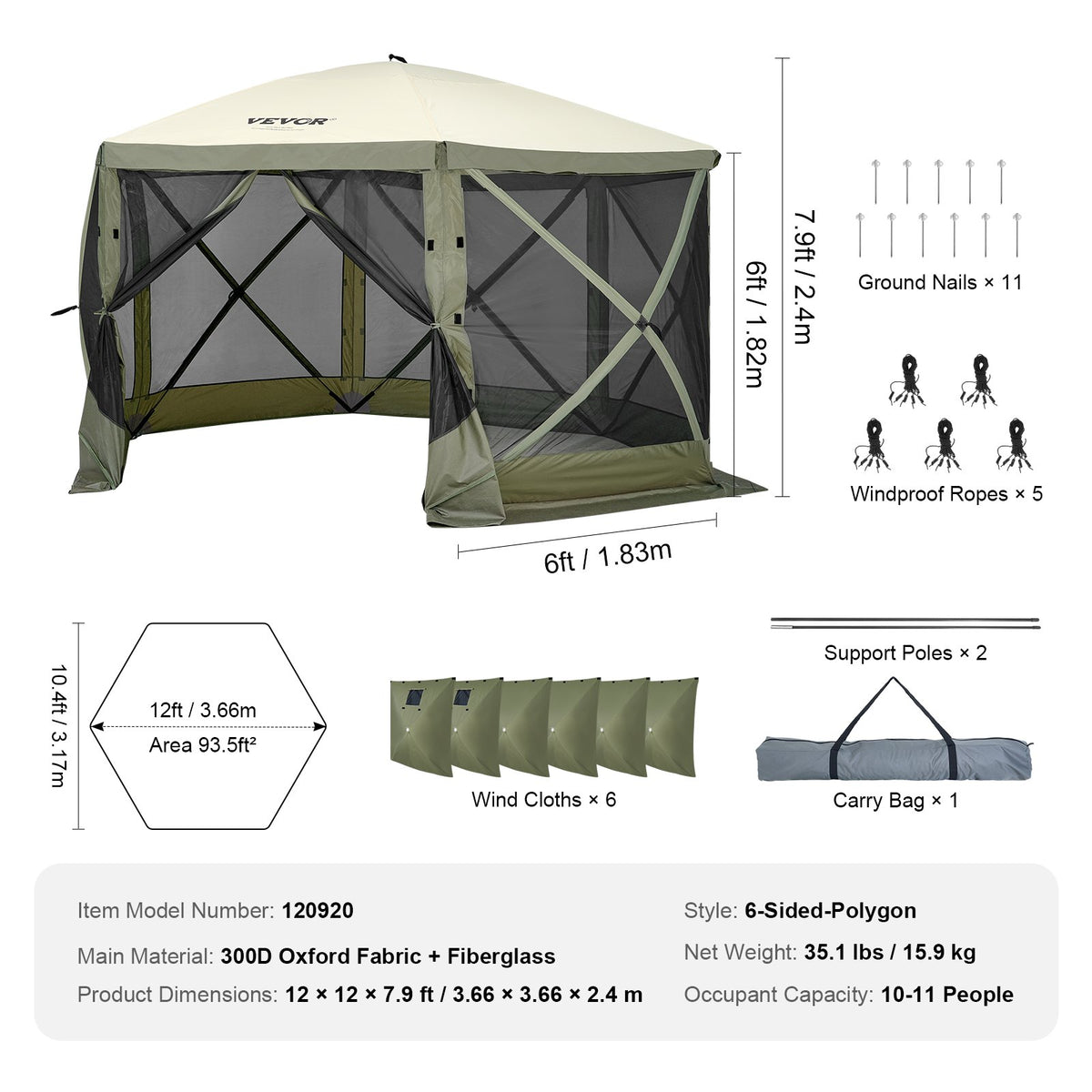 Pop Up Gazebo Tent 12x12FT 6 Sided Screen Canopy with Removable Cloths Army