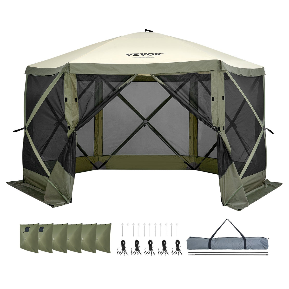 Pop Up Gazebo Tent 12x12FT 6 Sided Screen Canopy with Removable Cloths Army