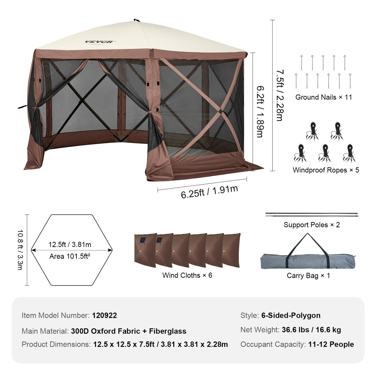 Pop Up Gazebo Tent 12.5x12.5FT 6 Sided Screen Canopy with Removable Cloths Brown