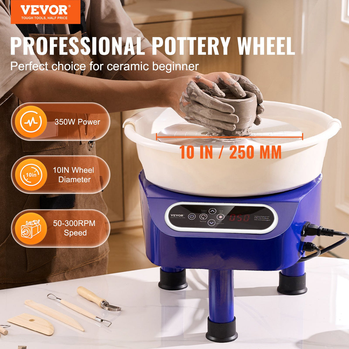 Pottery Wheel 10 Inch 350W Electric, Direct Drive with Foot Pedal, 3 Legs, Blue