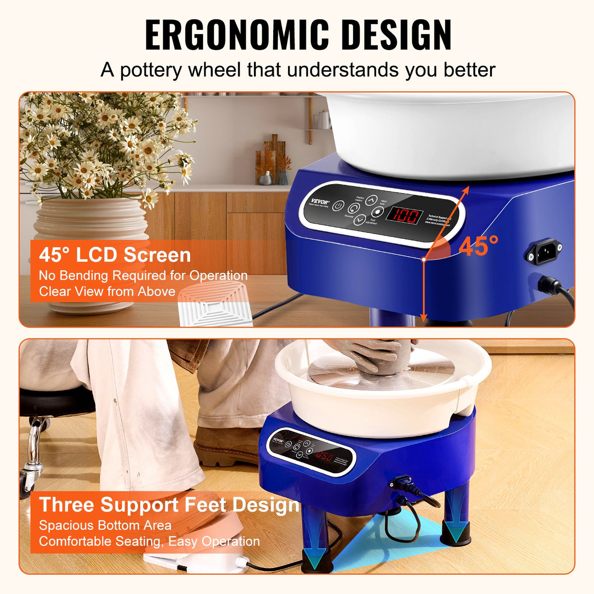 Pottery Wheel 10 Inch 350W Electric, Direct Drive with Foot Pedal, 3 Legs, Blue