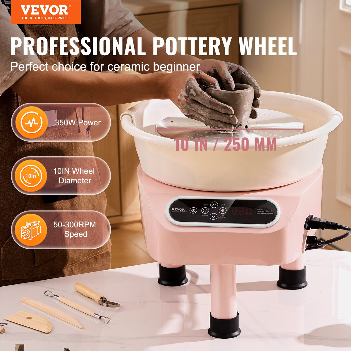 Pottery Wheel 10 Inch 350W Electric, Direct Drive with Foot Pedal, 3 Legs, Pink