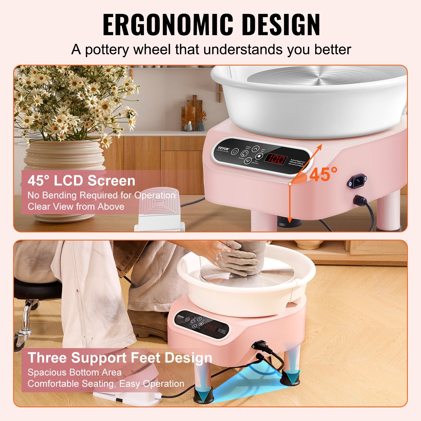 Pottery Wheel 10 Inch 350W Electric, Direct Drive with Foot Pedal, 3 Legs, Pink