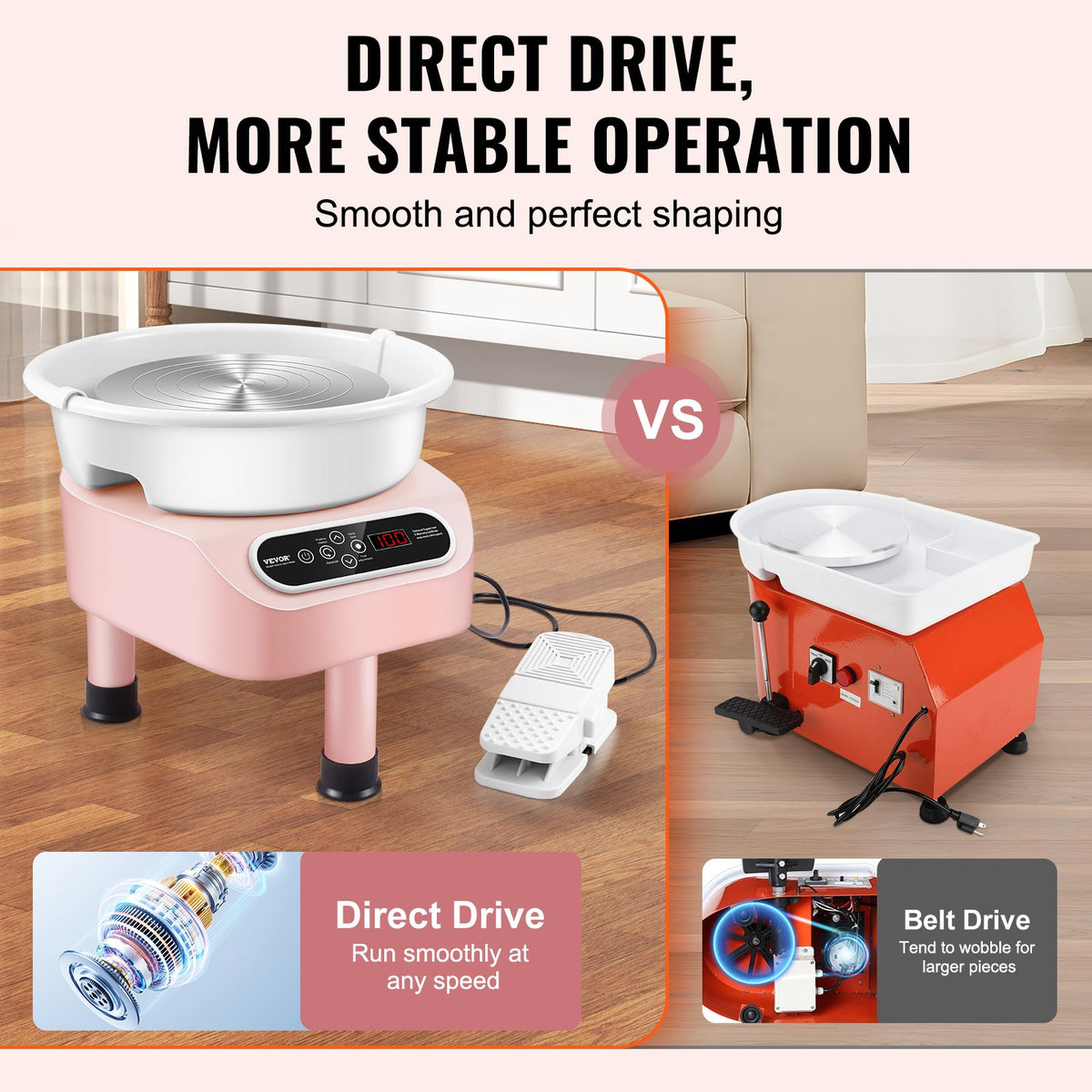 Pottery Wheel 11 Inch 450W Electric, Direct Drive with Foot Pedal, 3 Legs, Pink