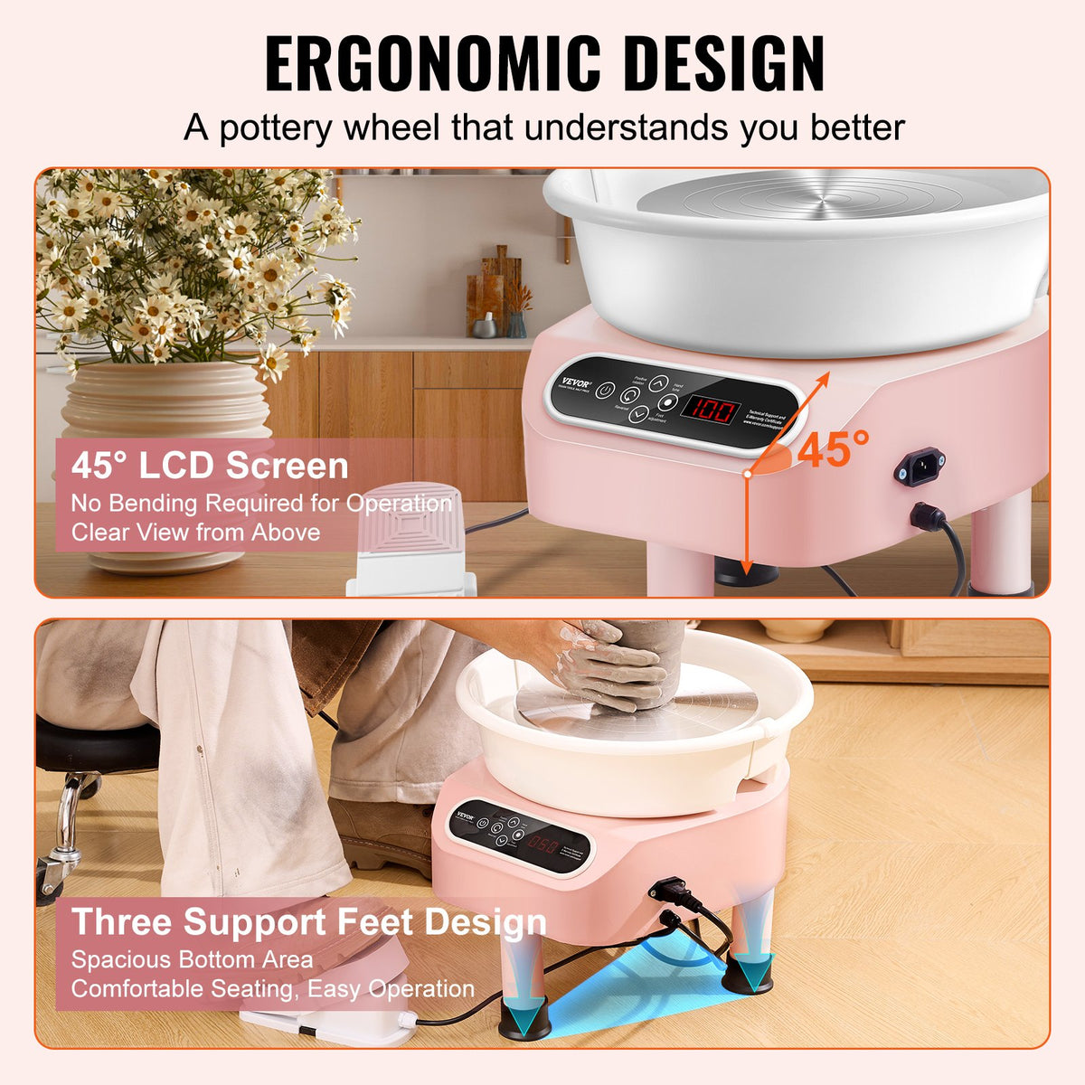 Pottery Wheel 11 Inch 450W Electric, Direct Drive with Foot Pedal, 3 Legs, Pink