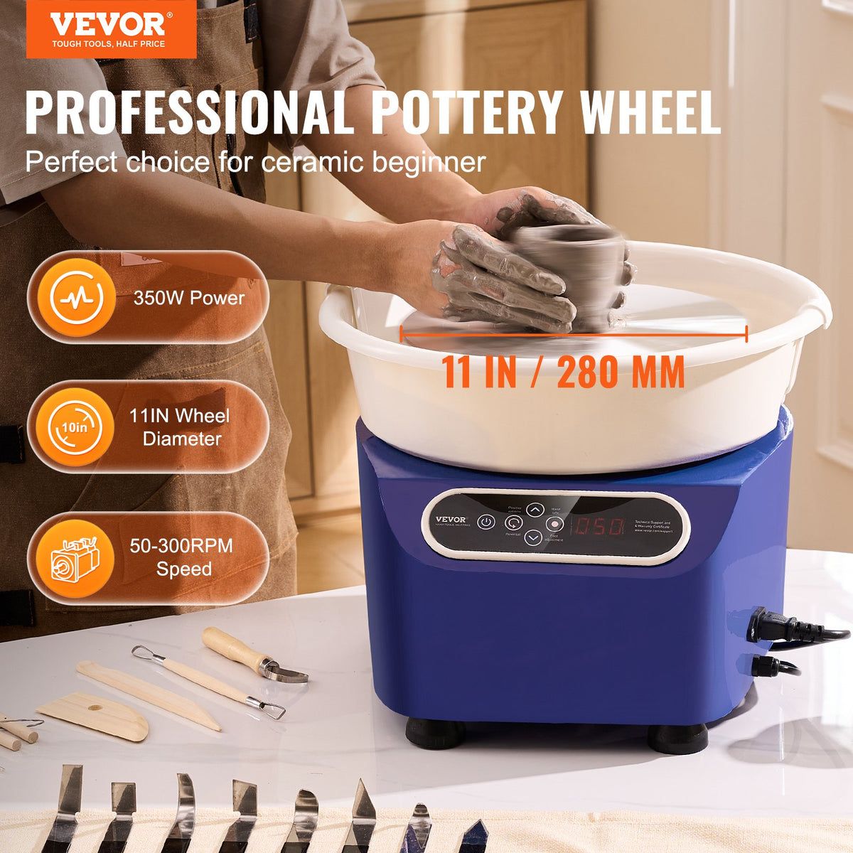 Pottery Wheel 11 Inch 350W Electric, Direct Drive with Foot Pedal LCD, Blue
