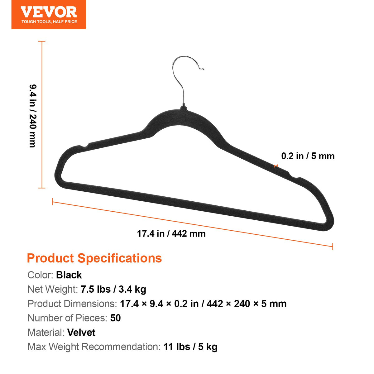 Hangers 50 Pack, 11lbs Load-Bearing Black Velvet, Non-Slip Space Saving Design