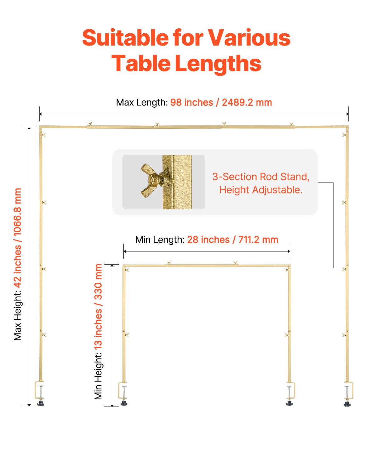 Over Table Rod Stand with Clamps 13"-42" Tall 28"-98" Adjustable Gold Frame