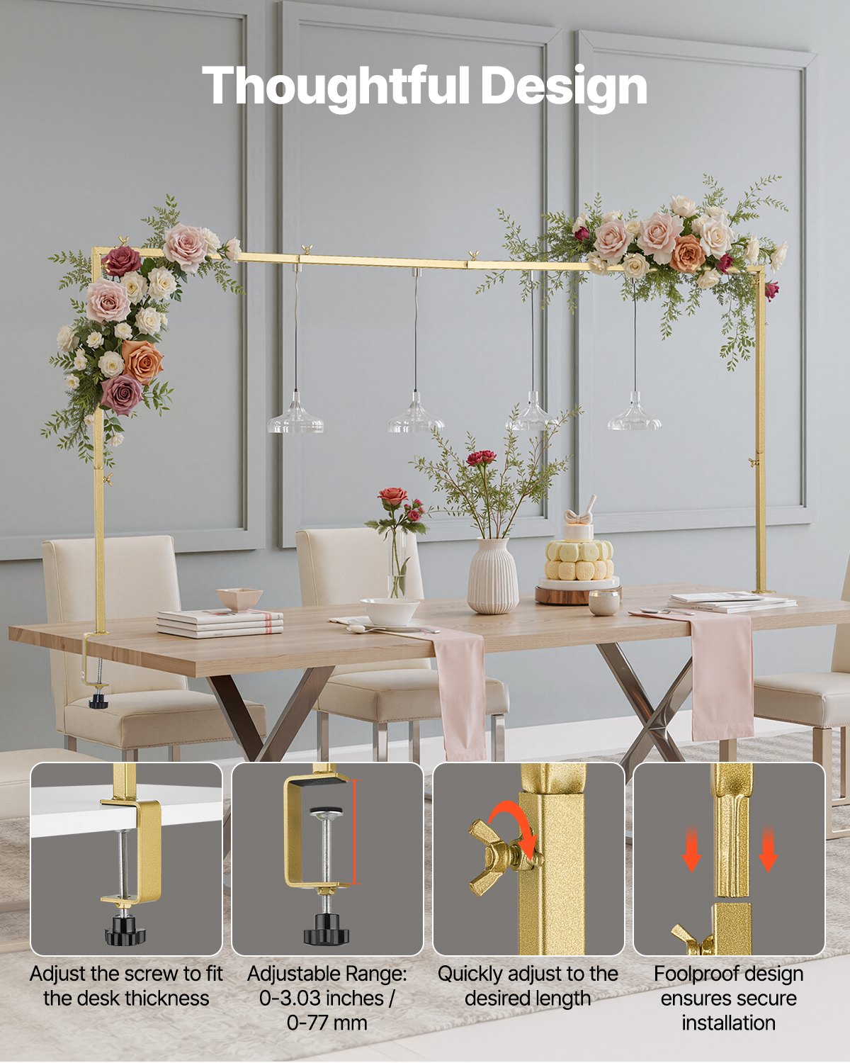 Over Table Rod Stand with Clamps 13"-42" Tall 28"-98" Adjustable Gold Frame